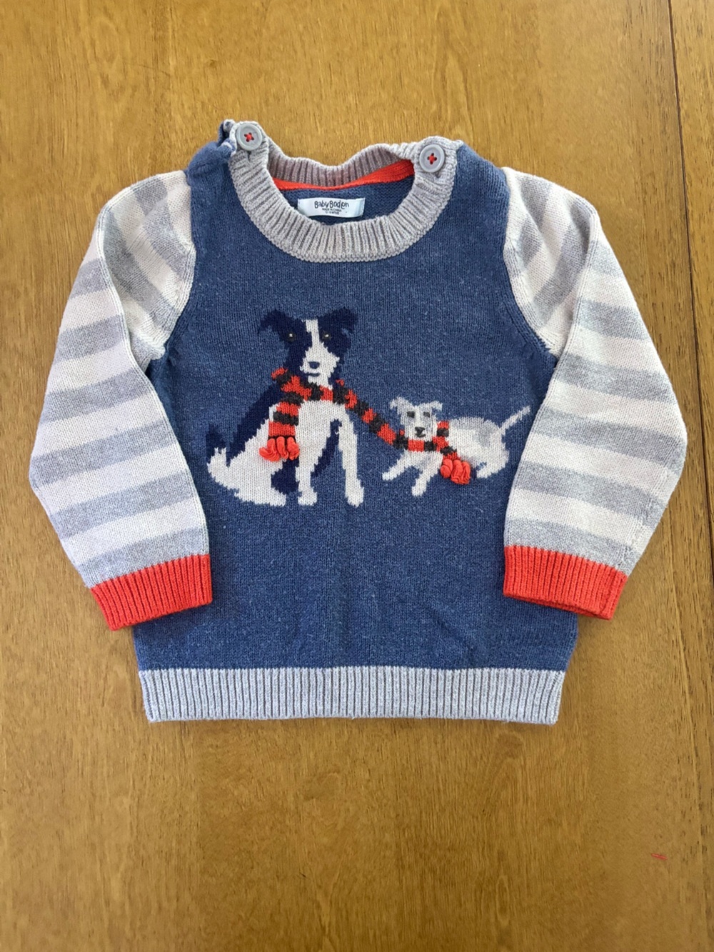 Baby Boden Navy Sweater with Dog & Kitten Motif and Red Accents